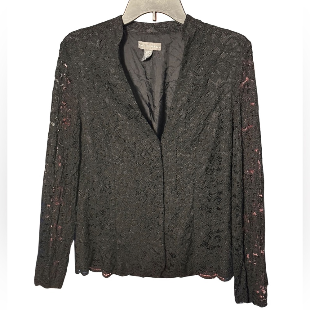 Kate Hill Black Lace Shirt Jacket Snap Button Blouse Size 10 - Picture 2 of 5